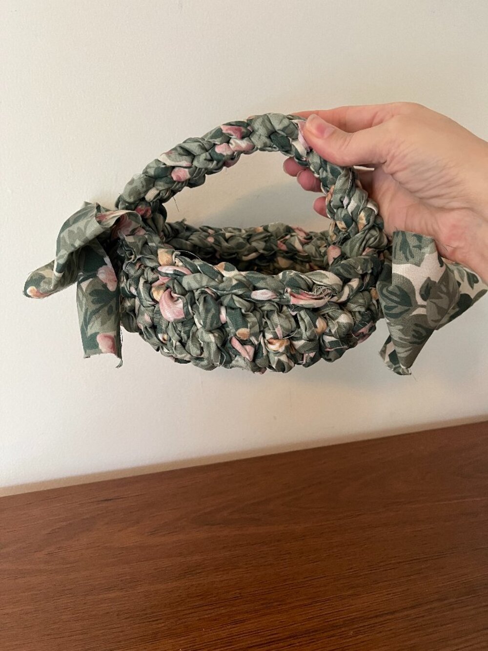 Cottagecore Vintage Rag Weave Fabric Basket Floral Print Handle Small